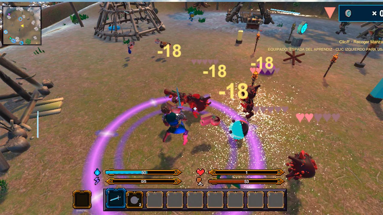 Combate contra bugs con números de daño y un círculo mágico