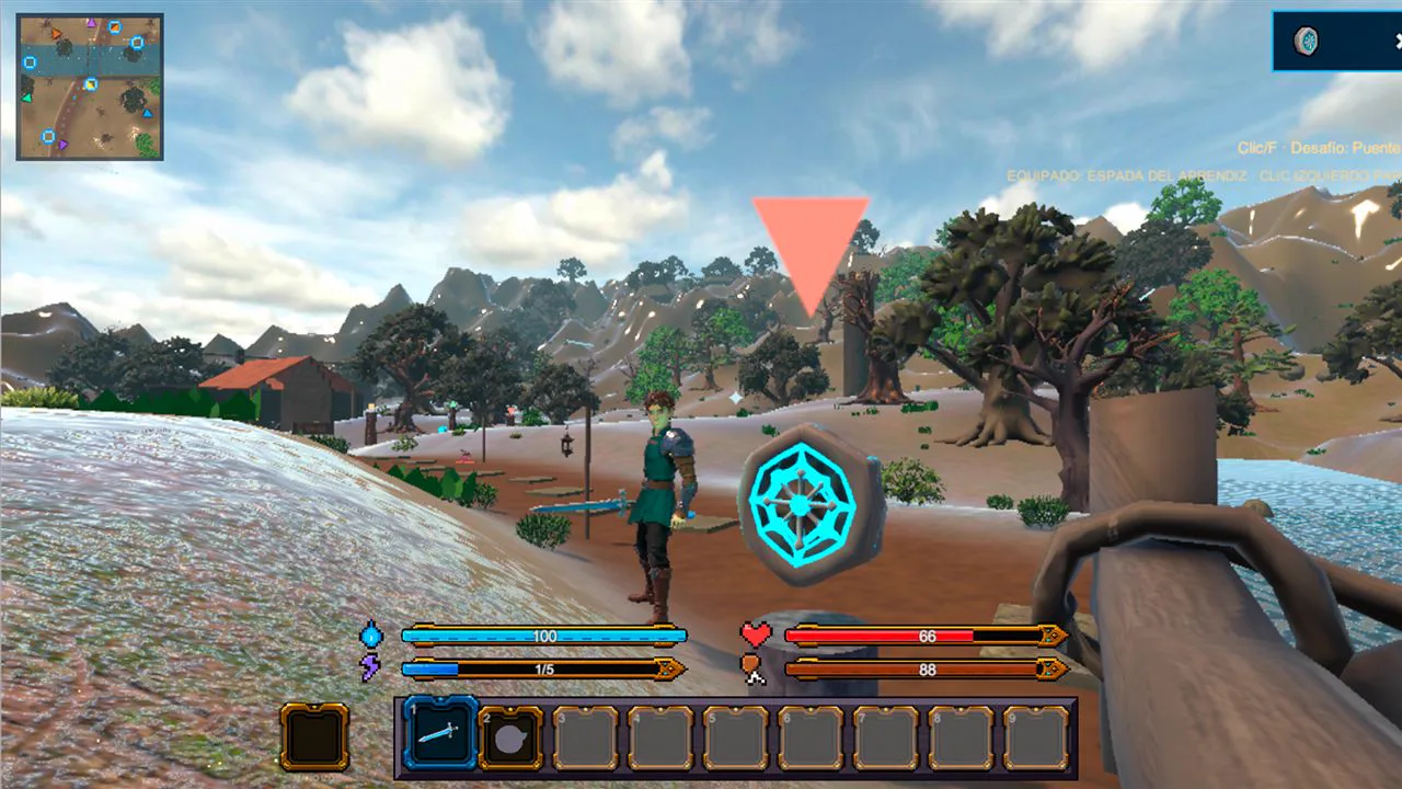 Kael explorando el mundo abierto junto a una estatua-runa cian