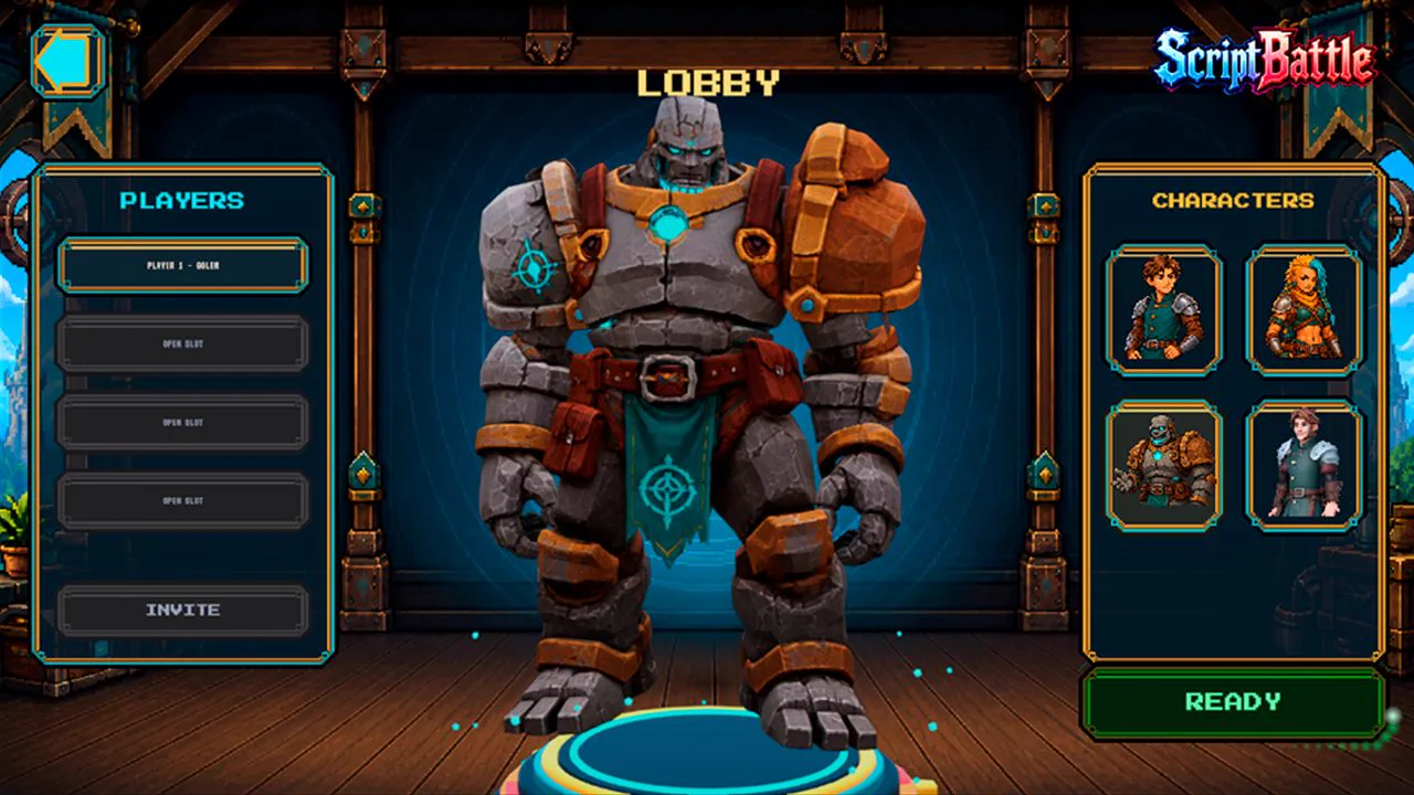El lobby con Íter el golem en el centro y los cuatro héroes a la derecha